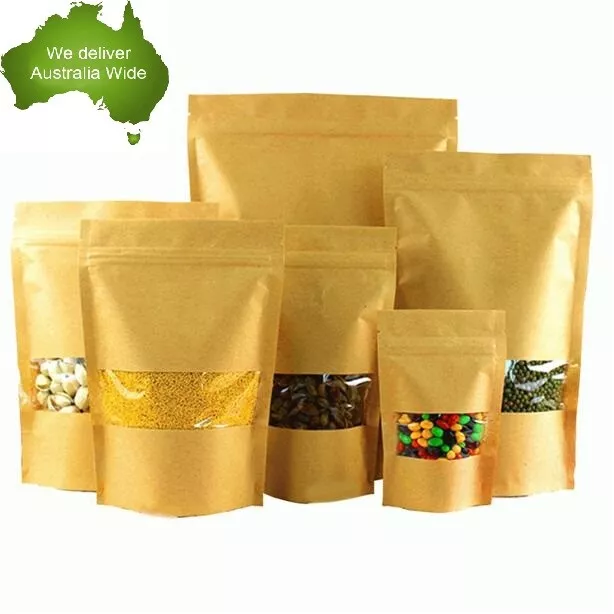 8x Brown Zip Lock Ziplock Paper Window Kraft Bags Loot Lolly Packing Greaseproof