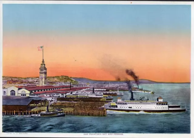 Vintage Print View of San Francisco Showing San Francisco Bay and Ferries Sunset