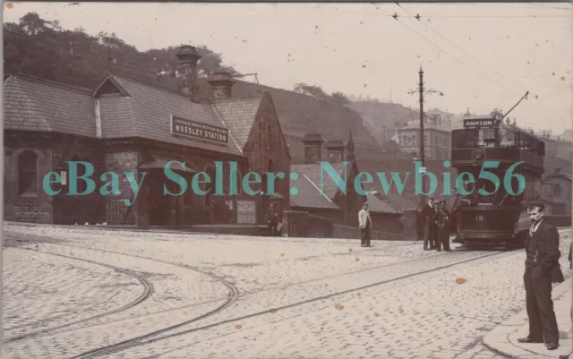 Mossley UK - ASHTON TRAM AT RAILWAY STATION - RPPC Postcard nr Manchester