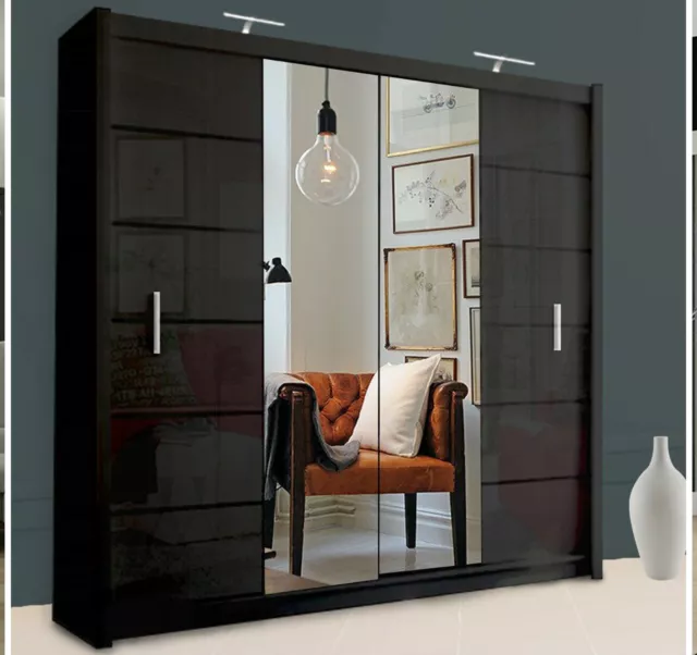 Black Double Sliding Door Wardrobe Modern Center Mirror NCBLISBON SIZES Bedroom