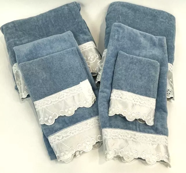 Vintage Springmaid Towels Velour Set 6 Blue Bath Hand Washcloth Satin Lace Trim