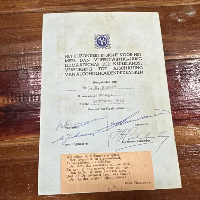 Dutch Abolition Of Alcohol 25 Years Signed Document In Dutch 1959