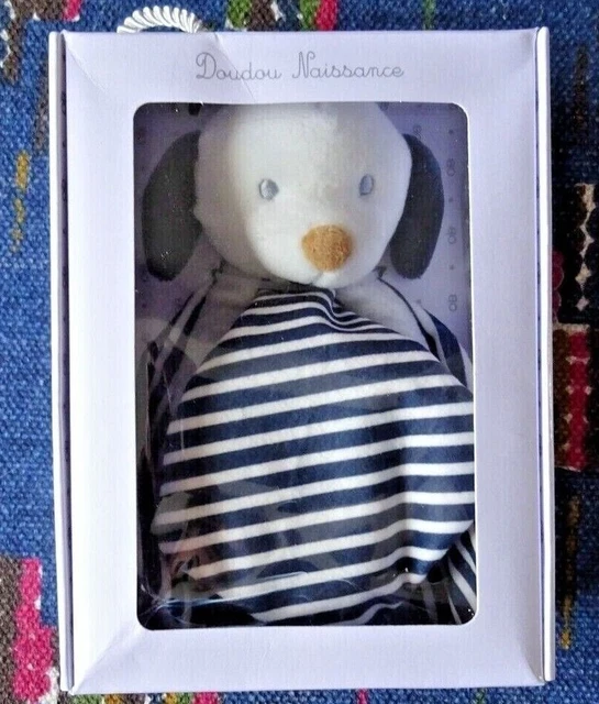 Pl  /  Doudou Plat Obaibi Chien Bleu Blanc Raye Neuf