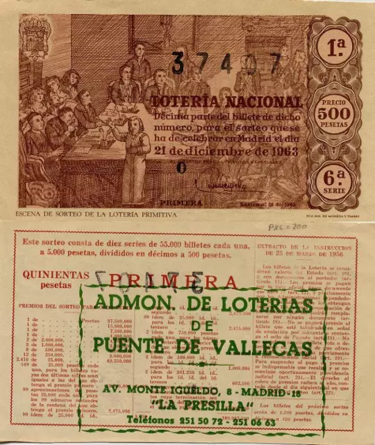 Año 1963. 500 Pts. Décima parte del billete. 21 de Diciembre. Sorteo Nº 36. 6ª S