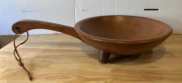 Vintage Munising Tripod Footed 9” Wooden Bowl w/Handle Leather Wrist Strap