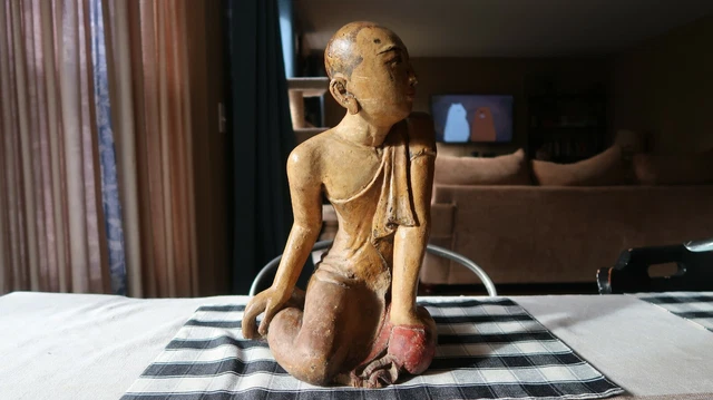 Antique Wood Carved BUDDHA Monk Yoga Statue 14.75"