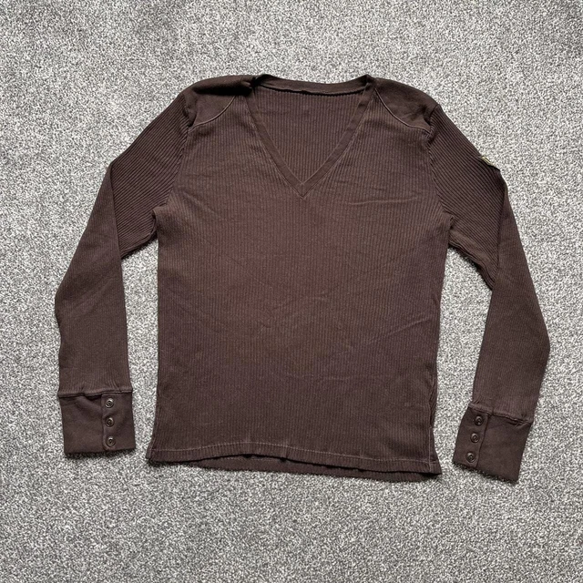 Vintage Ralph Lauren Jumper Womens L Plain Brown V Neck Smart Designer Logo Rib
