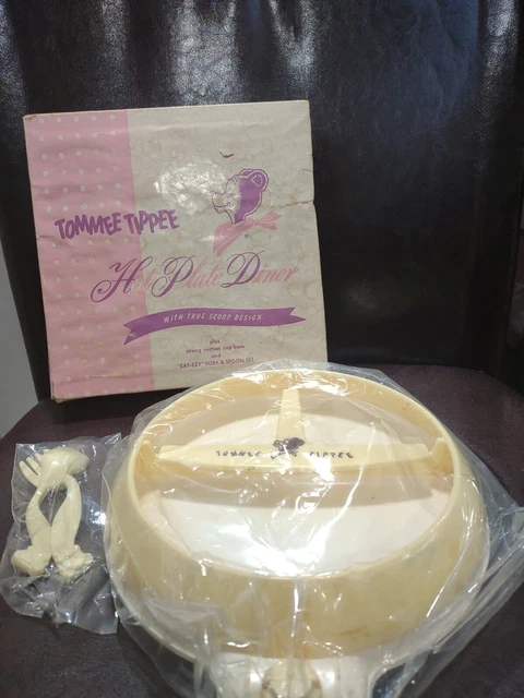 Vintage 1950's TOMMEE TIPPEE Hot Dinner Plate W/Fork Spoon Baby Plate In BOX