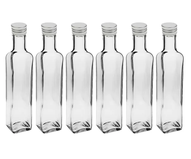 12 Leere Glas Flaschen Schraubverschluss Eckig 250ml Klein Oliven Öl Silber Etik