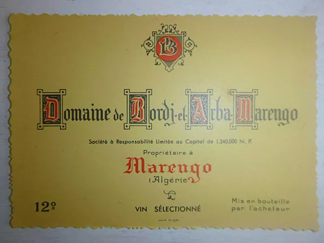 Ancienne Etiquette - Vin D'algérie - Marengo - Domaine De Bordj El Arba - SAIGON