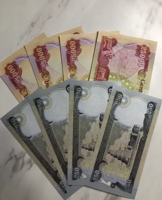 100,000 IRAQI DINAR + MORE 4 x 25,000 and 4 x 250 Crisp Iraq UNCIRCULATED Notes