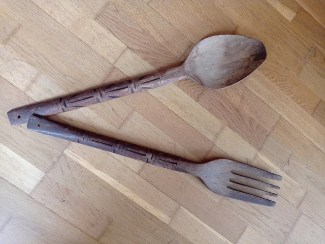 Grande Cuillère Et Fourchette En Bois - Décoration Murale Vintage - Occasion