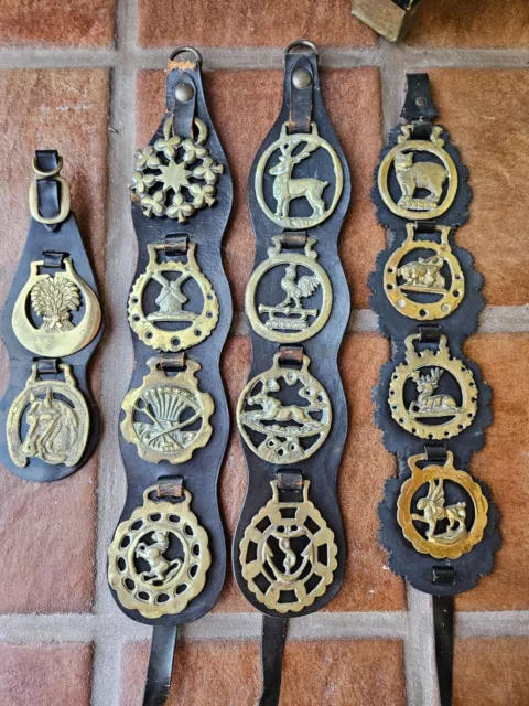 Vintage Horse Brasses 14 Total on 4 Leather Straps: Stags Wheat Dog Cat Horse