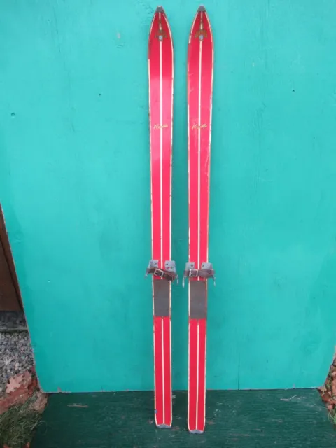 NICE OLD Vintage Wooden 55" Long Snow Skis Red Finish + Metal Bindings CRAGSTAN