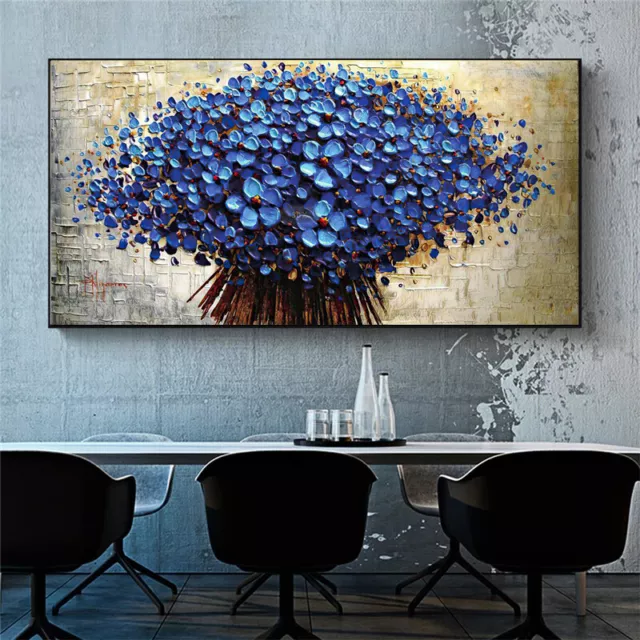 Nordic Abstract Blue Flowers Oil Painting on Canvas Wall Art Posters and Prints