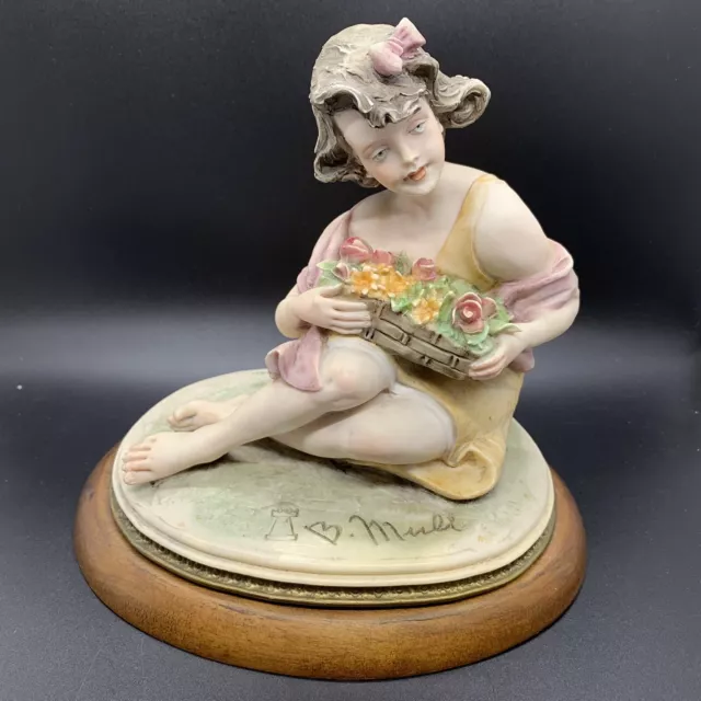 Vintage 1984 Capodimonte Signed Bruno Merli Woman Girl with Flowers Figure 7"