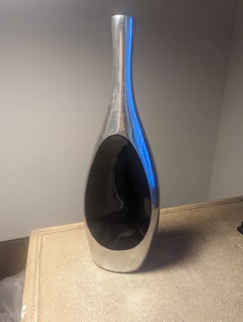 Large MCM Forged Silver and Black Enamel Vase 14.75" Made in India