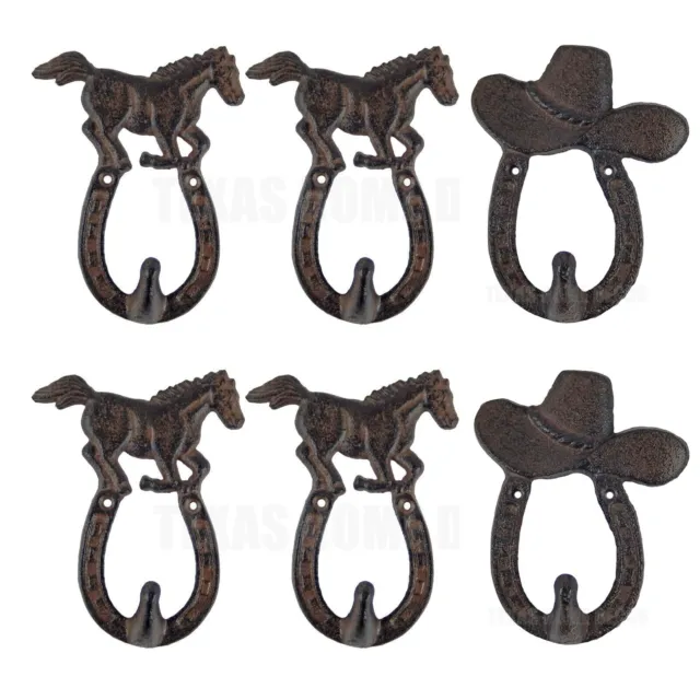 4 Horse Hooks and 2 Hat Hooks Cast Iron Key Towel Coat Hanger Rustic Brown