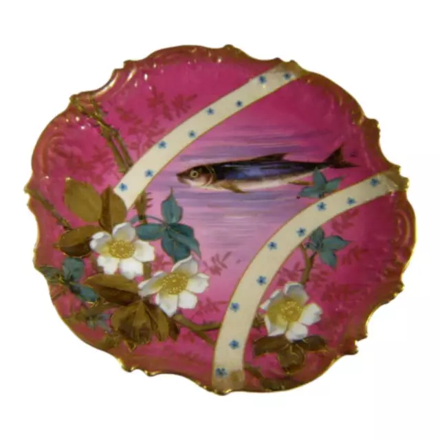 Elite French Limoges Art Nouveau Pink & Gold Floral & Fish Cabinet Wall Plate