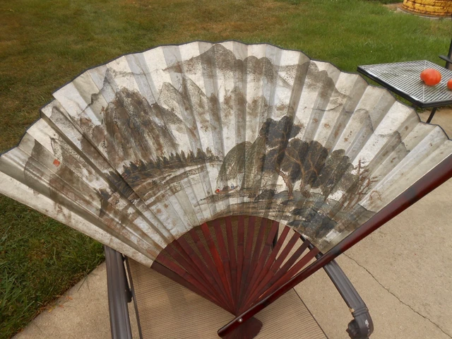 Vintage Large Chinese Fan Hand Painted Wood Silver Wall Decor FU-jain