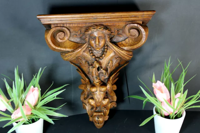 Antique Rare french wood carved mythological dragon putti cherub wall console