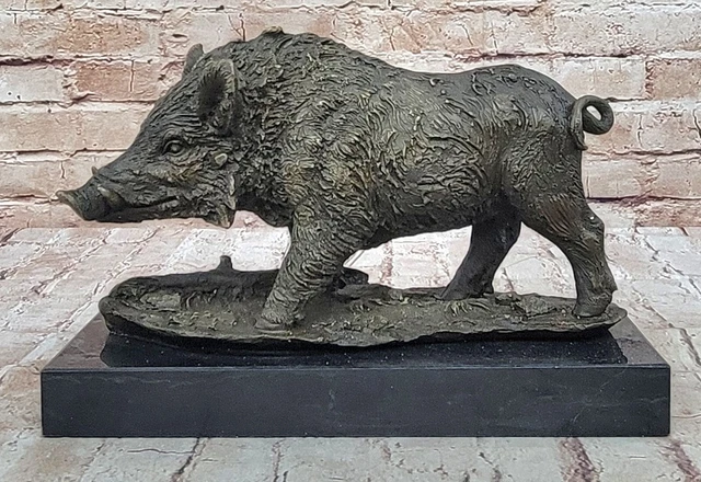 Statue Chien Cochon Sauvage – Sculpture Bronze Et Pierre, Style Antique, 23 Cm