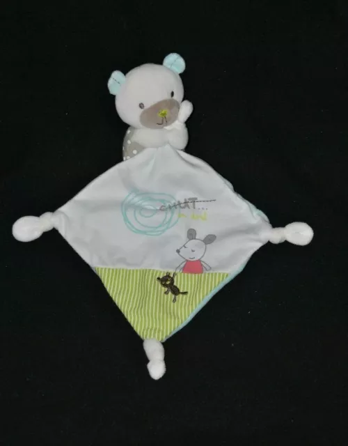 Peluche doudou ours blanc POMMETTE mouchoir vert chut on dort  12 cm assis TBE