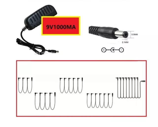 Guitar Pedal AU 9V 1A Power Supply Adapter & 3 4 5 6 8 Way Splitter Cable NEW