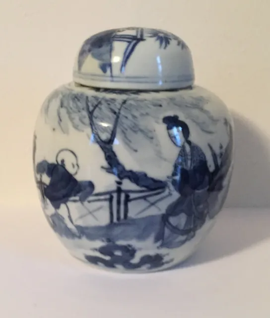 Chinese Porcelain Vase Jar Urn Blue & White Glaze Boys Landscape 19th c. Kangxi