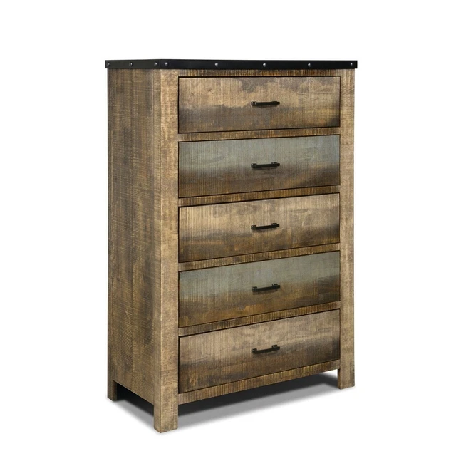 Wooden Chest with Rough-Sawn Design & Rivet Banding, Brown Brown 5-drawer