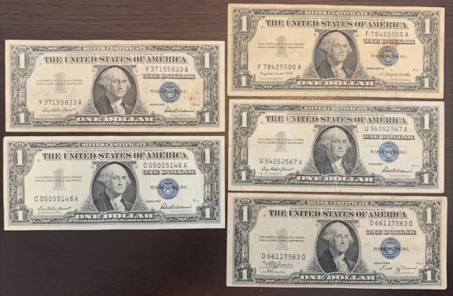1935 G & 1957 $1 Silver Certificate Blue Seal 5 Banknotes