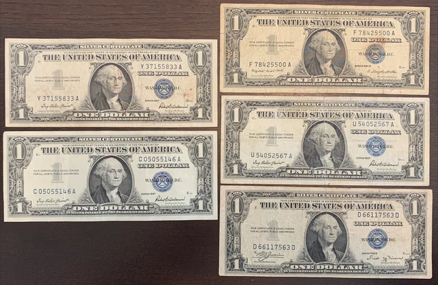 1935 G & 1957 $1 Silver Certificate Blue Seal 5 Banknotes