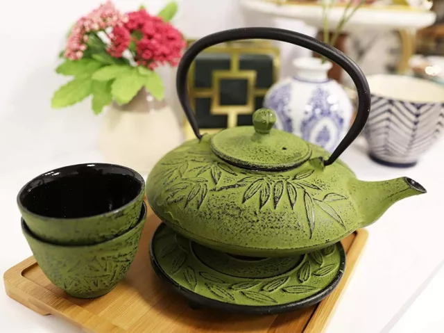 Japanese Evergreen Bamboo Yellow Heavy Cast Iron Tea Pot With Trivet and 2 Cups