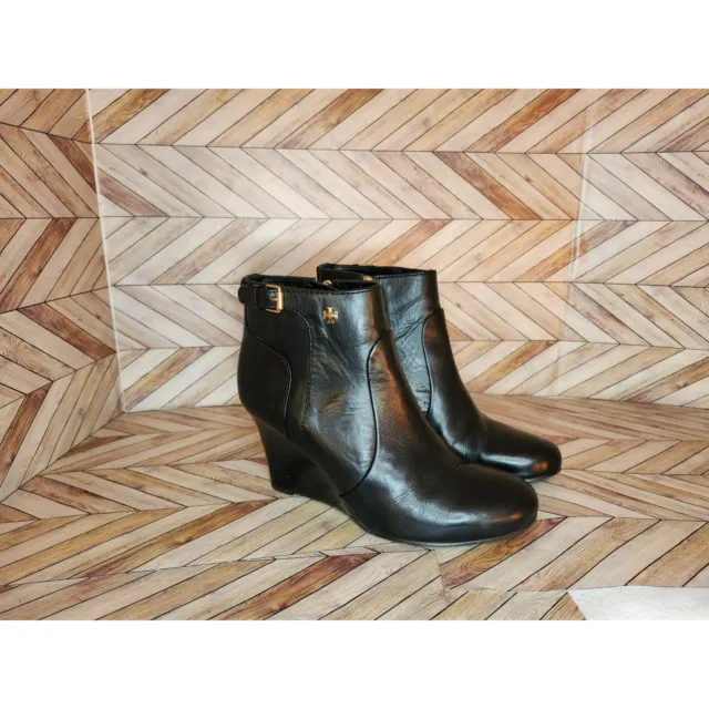 Tory Burch Milan Black Gold Leather Wedge Heel Bootie Ankle Boot Size 6.5 M