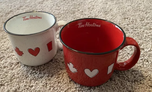 Tim Hortons Set of 2 Limited Edition Ceramic Coffee Mugs White Red 2022