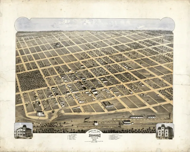 Denison, Texas, Bird's Eye View Map 1873- New Reproduction of Old Antique Print