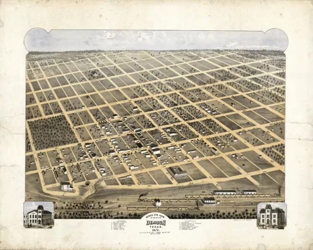 Denison, Texas, Bird's Eye View Map 1873- New Reproduction of Old Antique Print