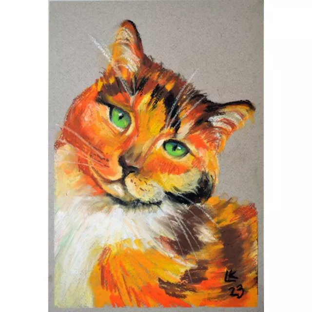 Green Eyed Calico Cat Portrait Original Pastel Painting Realism Collectible Art