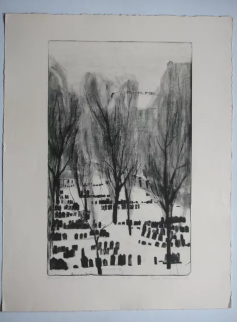 URULA STROZYNSKI , 1954 DINGELSTÄDT  . " FRIEDHOF im WINTER " . RADIERUNG 1992 .