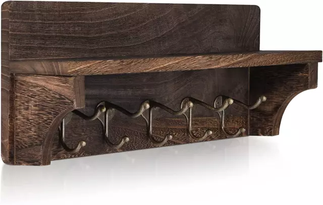 Rustic Coat Hooks with Shelf Wall Mounted, Wood Wall Hanging Entryway Shelf