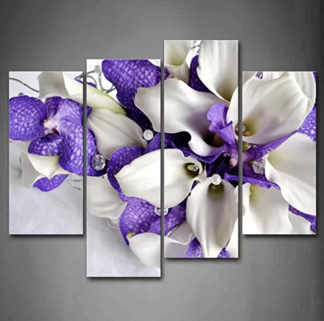 Bunch Of Flowers In White & Purple 4 Piece Split Canvas Wall Art Print BNIB