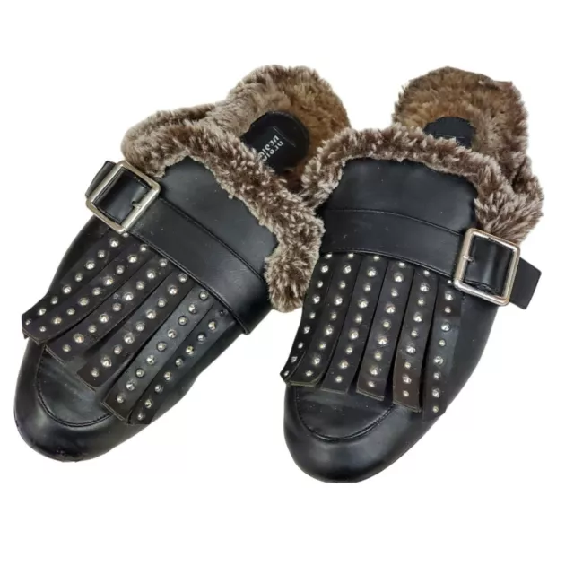 Design Lab Lord & Taylor Studded Faux Fur Fringe Slides Mules 7.5