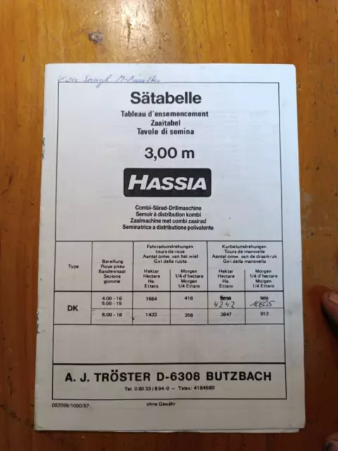 Orig. Hassia Sätabelle Schlepper Traktor KH