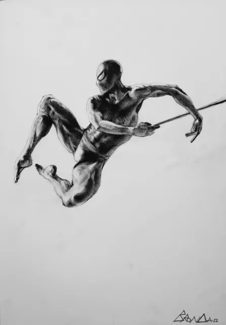 Original drawing charcoal and pencil of Spiderman on paper, 30cm x 43,5cm
