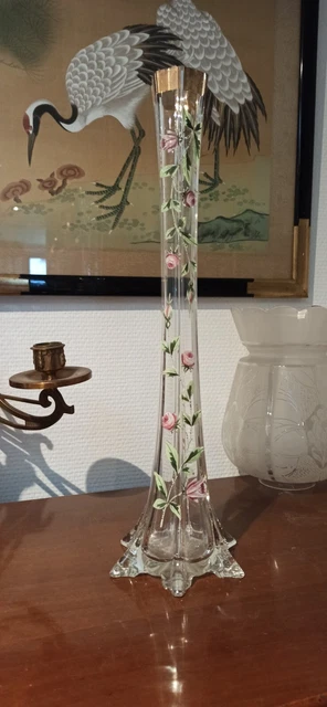 Vase Ancien Soliflore En Verre - Forme Rouleau, Dégradé De Couleur Et Décor émaillé, Vintage
