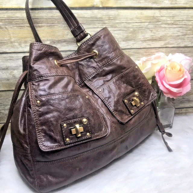 Juicy Couture Brown Genuine Leather Drawstring Purse Shoulder Bag Hobo