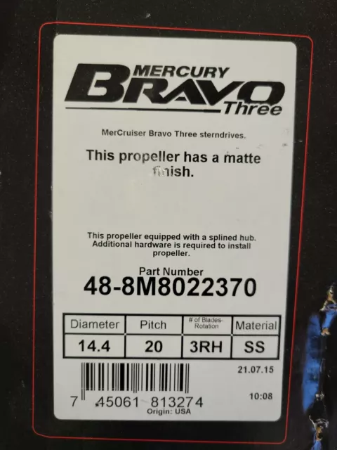 Mercury Bravo III 20 Pitch Stainless Steel 3RH prop 48-8M8022370