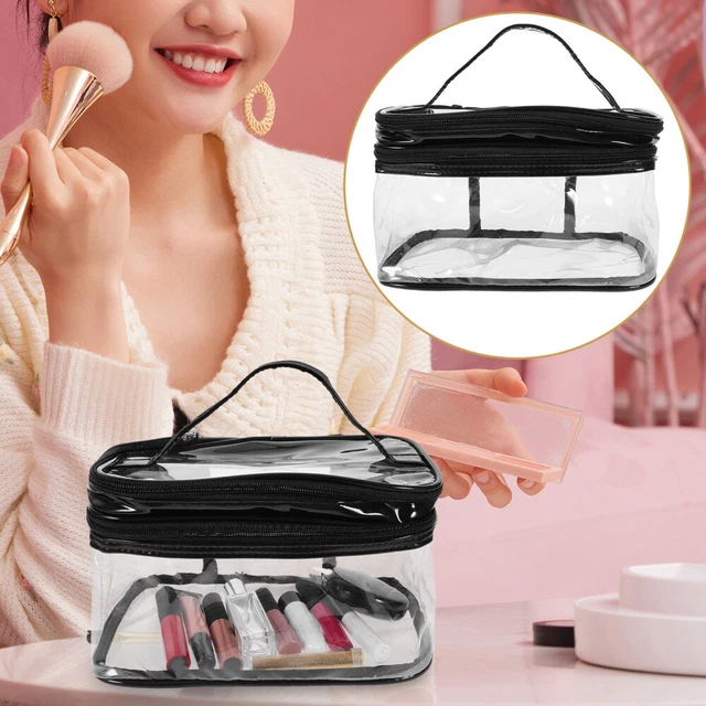 Bolsa de maquillaje de doble capa, transparente, gran capacidad,