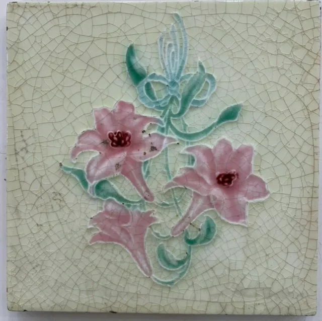 Vintage Rare Art nouveau majolica tile c1900 6 x 6 Inch England Antique