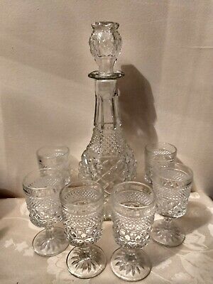 Vtg Anchor Hocking Crystal Wexford Decanter w/Stopper set with 6 Wine Glasses
